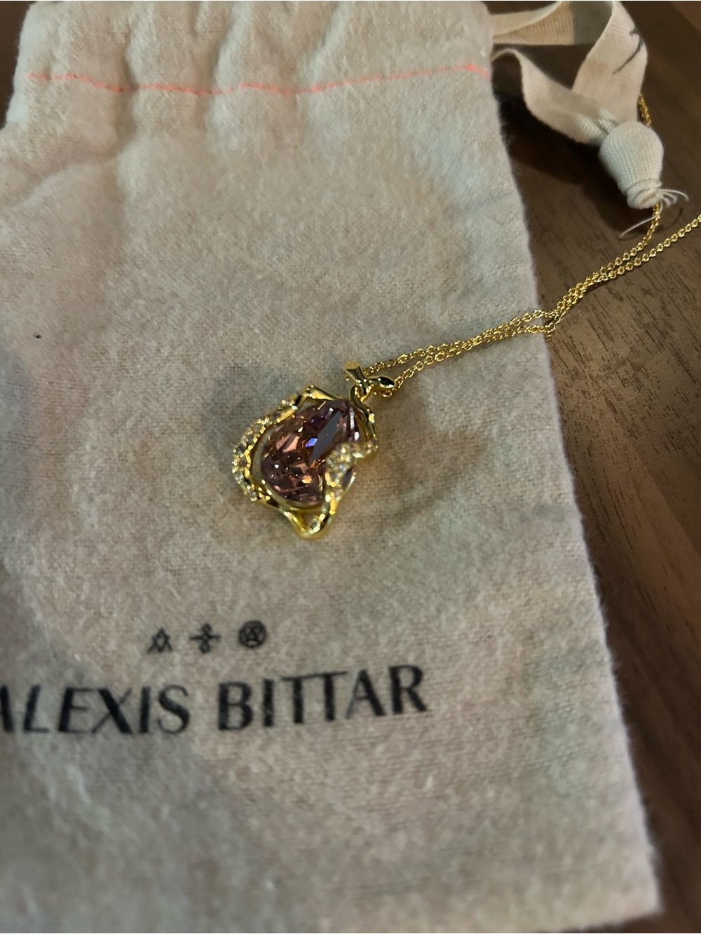 Alexis Bittar Gold Necklace with Purple-Pink Crystal Pendant